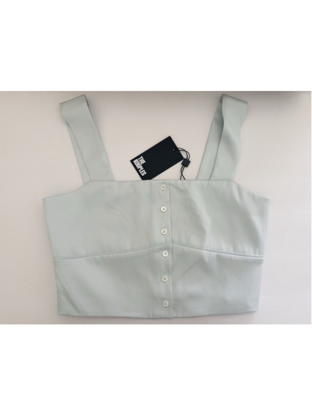 NWT The Kooples Size 3 Ice Blue Silver Satin Crop Top Wide Strap Button Front - Picture 8 of 8